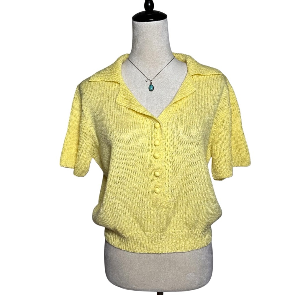 Handmade Yellow Cropped Knit Polo Relaxed Short Sleeve Button Front Sweater